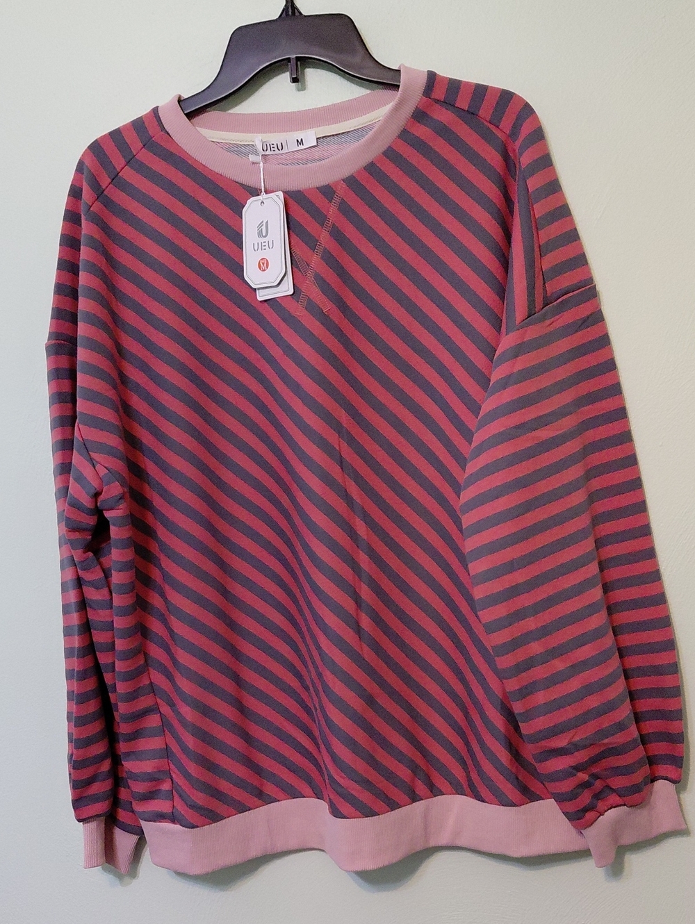 UEU Women's  Pink and Gray Striped Oversized Long Sleeve Pullover Size Medium